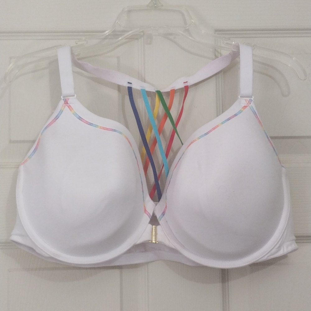 Lane Bryant Cacique white rainbow strappy front hook bra size 44dd